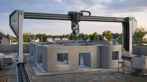 3d printer building a concrete house structure layer by layer at a residential site