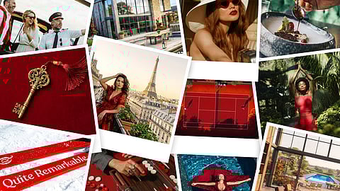 Collage of luxury travel scenes including paris balcony, wellness, dining and modern villas