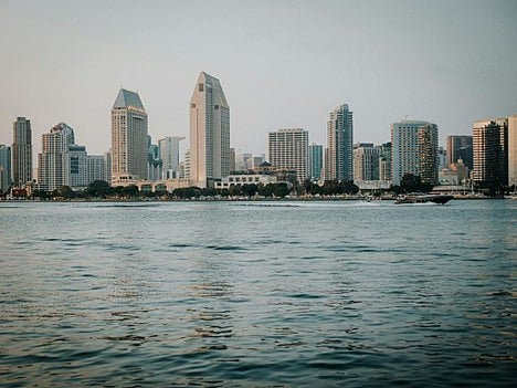 A panoramic view of the San Diego skyline across the bay