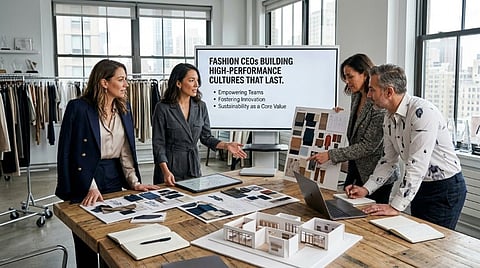 A presentation screen with text focused on leadership strategies within the fashion industry