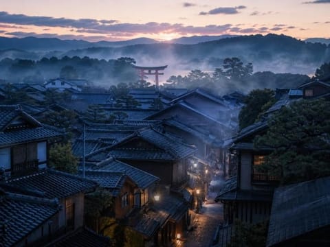 A serene, misty sunset view of the historic Ninenzaka street in Kyoto, Japan.