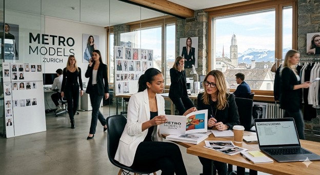 A bustling scene inside a model agency office, likely in Zurich given the text on the wall.