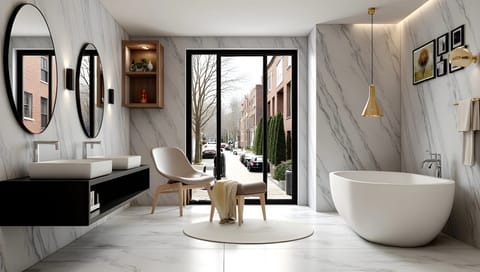 A modern, luxurious bathroom interior