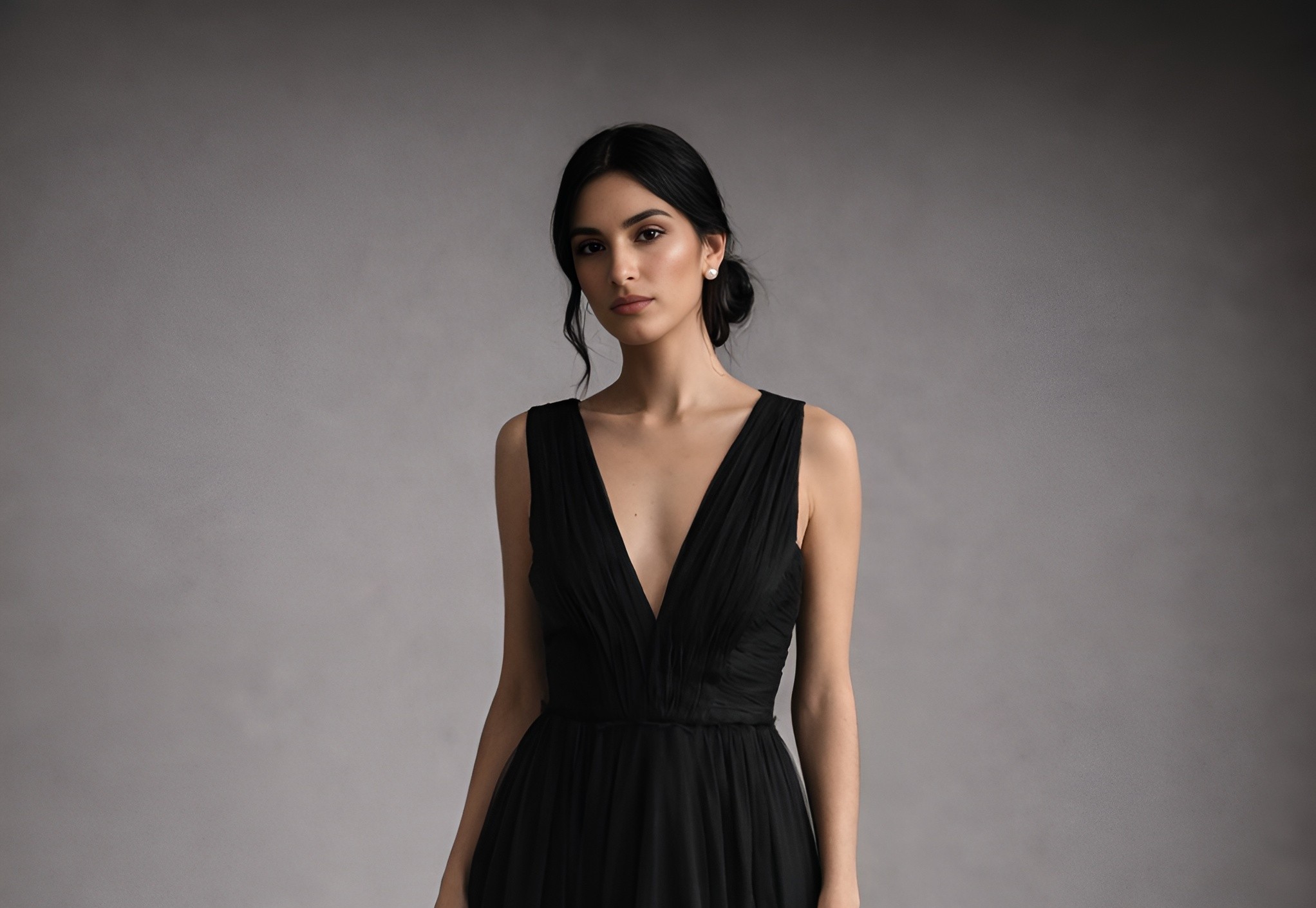 Model in black sleeveless gown with deep V neckline against gray backdrop