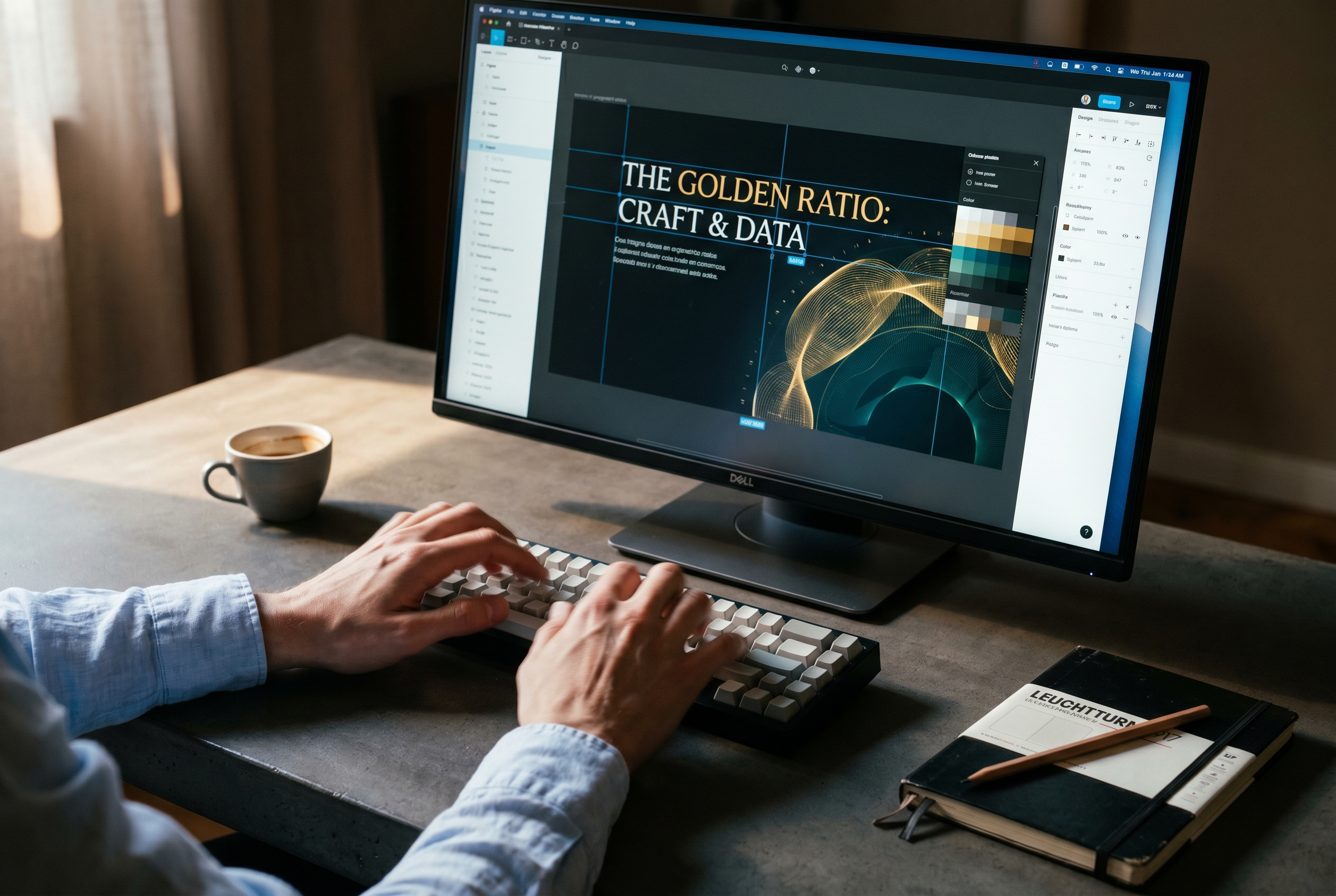 Professional designing a high-end presentation deck on desktop with typography layout