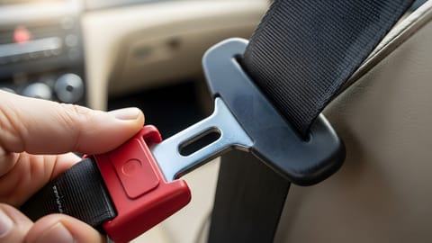 Close-up of fastening a seatbelt inside a car for safety