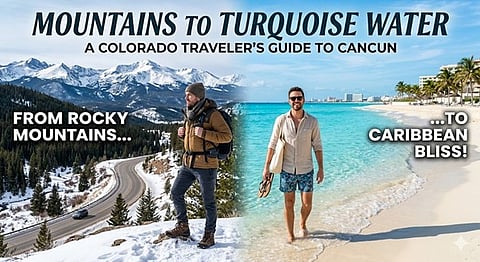 a promotional graphic titled "Mountains to Turquoise Water"
