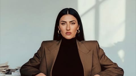 Antonella Attorre seated in tailored suit at desk with papers, minimalist interior setting