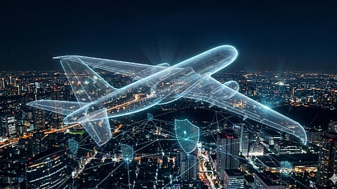 Airplane hologram over city with digital security network overlay