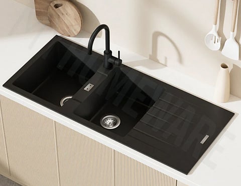 a black granite quartz stone double bowl kitchen sink
