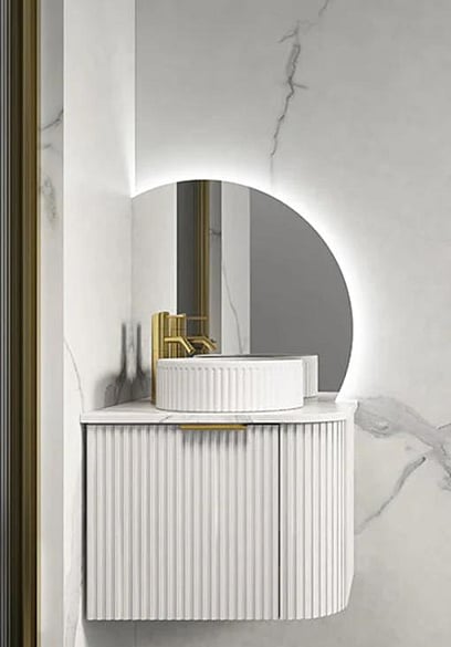 a corner arch backlit LED bathroom mirror