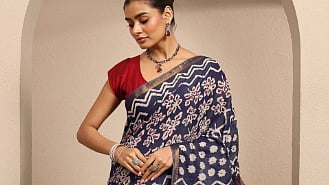 an indigo and red Ajrak print Kota Doria saree