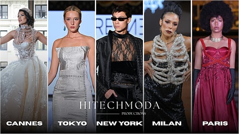 Five models in distinct looks represent hiTechMODA’s 2026 global showcase cities