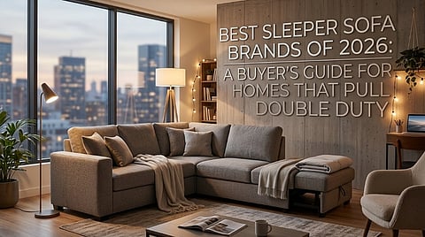 a modern gray sectional sleeper sofa with a storage chaise and plush cushions.