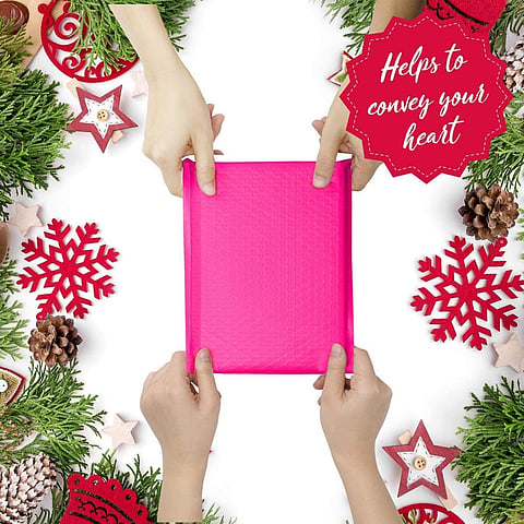 a hot pink, self-sealing poly bubble mailer designed for secure shipping of fragile items.