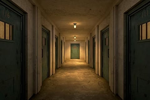 a long, dimly lit prison hallway with cells on both sides