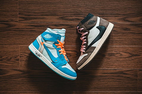 These are the Nike Air Jordan 1 x Off-White "UNC" sneakers
