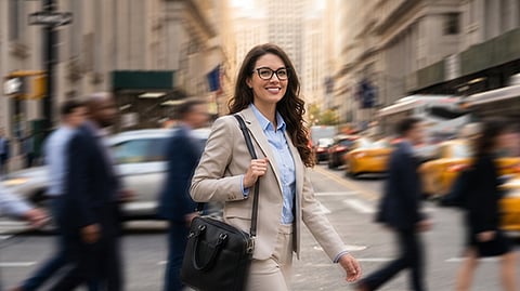 a businesswoman confidently walking through a bustling city street