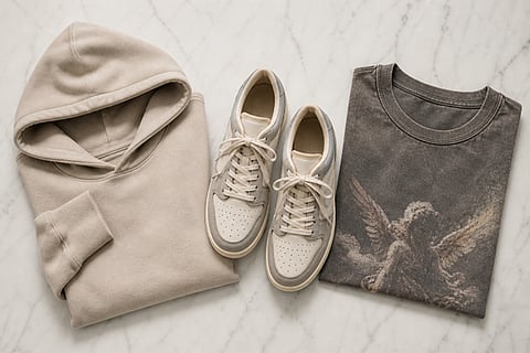 beige Represent Reptor Low sneakers paired with a neutral hoodie and a grey t-shirt