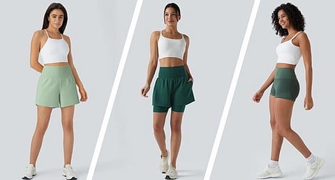 Halara SoftlyZero Airy Super High Waisted 2-in-1 Cool Touch Yoga Shorts in dark green