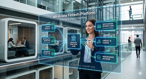 a conceptual illustration of a "Unified Fintech Hub" interface