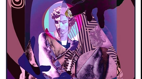 Installation view featuring layered mixed-media artwork in shades of violet and magenta
