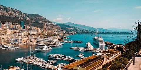 a panoramic view of Port Hercule in Monte Carlo