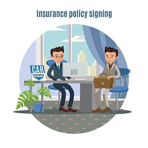 a car insurance service concept featuring an agent and client signing a policy in an office