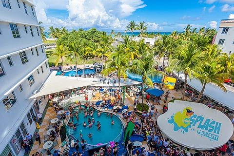 Aerial view of Clevelander South Beach rooftop party on Ocean Drive during Miami Air and Sea Show