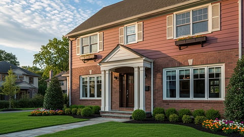Elegant luxury home with landscaped front yard and classic architectural details