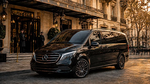 Black Mercedes V-Class at luxury Paris hotel entrance, golden hour, uniformed doormen at the door