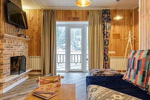 a cozy living room interior featuring natural wood walls