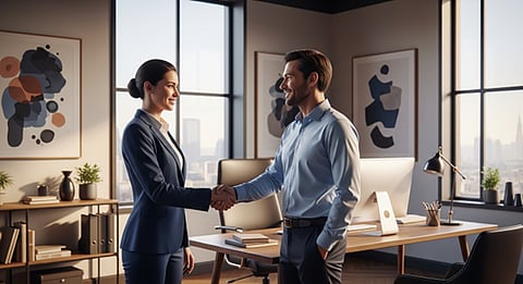 business professionals shaking hands in a modern office