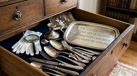 a vintage wood drawer containing assorted silver-plated flatware and a silver tray