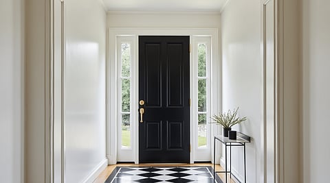a classic black door complemented by white trim