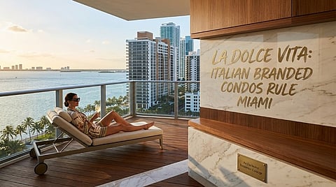 a luxurious condo terrace overlooking the water in Miami