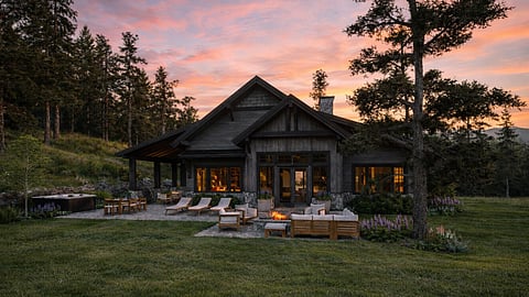 Luxury mountain cabin at sunset surrounded by pine trees and outdoor seating area