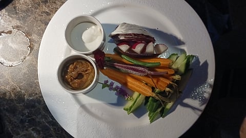 Moro-Q appetizer with fresh vegetables, moromi miso, and key lime mayo at Kasumi