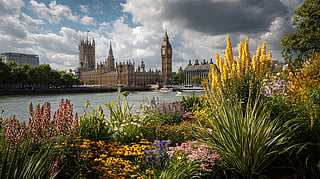 United Kingdom with big ben parliament skyline seaside plants british spring 