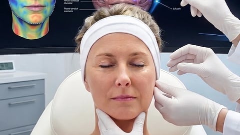 Patient undergoing facial assessment for deep plane facelift planning with facial anatomy overlays