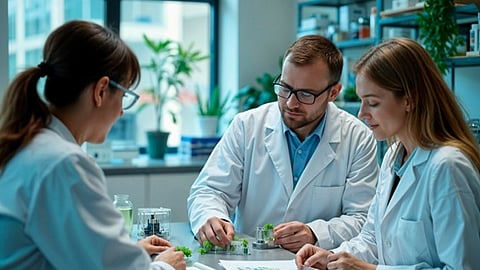 a collaborative meeting in a pharmaceutical research environment