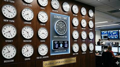 Lunar time display and world clocks inside a mission operations center