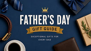 Father’s Day gift guide graphic with tie, wallet, coffee and wrapped gifts