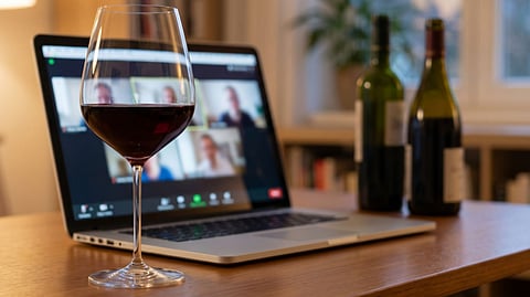 Wine glass beside a laptop displaying a virtual wine tasting session