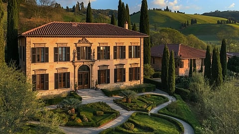 Historic villa nestled among cypress-lined hills and landscaped gardens in central Italy