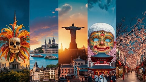 a vibrant collage showcasing iconic global landmarks