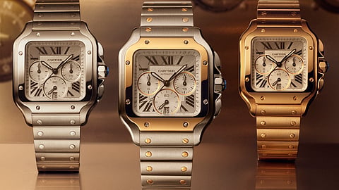 Cartier Santos de Cartier Chronograph watches in steel, steel-and-gold, and gold finishes