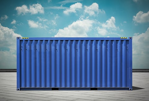 a blue 20-foot or 40-foot standard cargo container