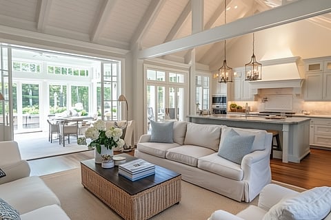 Open Living room with white furniture
