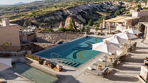 Infinity pool terrace at Argos in Cappadocia with panoramic valley views